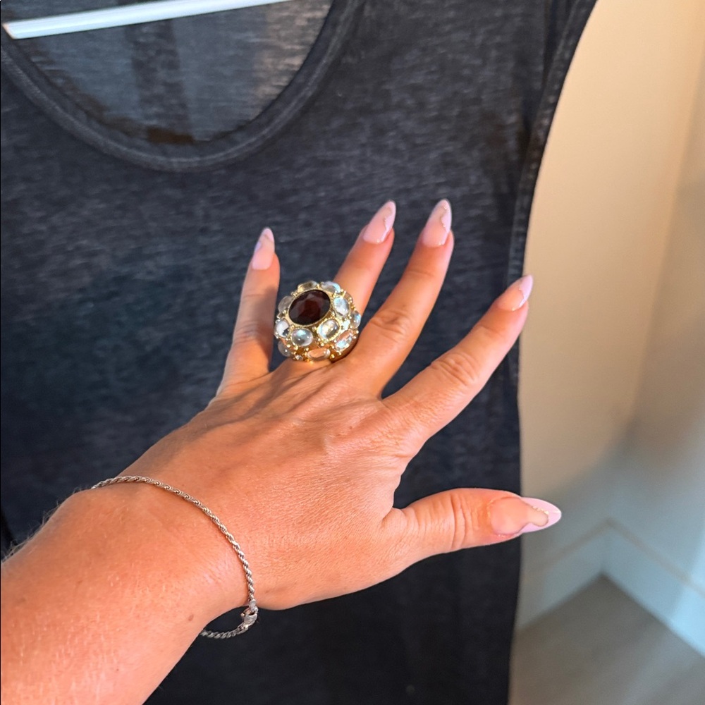 Amazing chunky Goldtone and amber gem Statement Ring 6.5